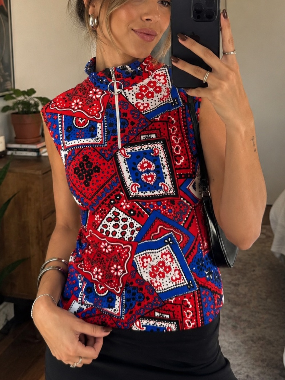 Vintage 1970s Bandana Patchwork Tunic Top Mod Patriotic Red White Blue Medium - Picture 1 of 10
